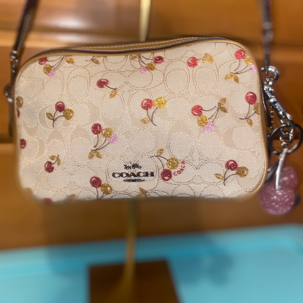 Coach Signature Cherry Isla Light Khaki Multi Crossbody Bag EUC